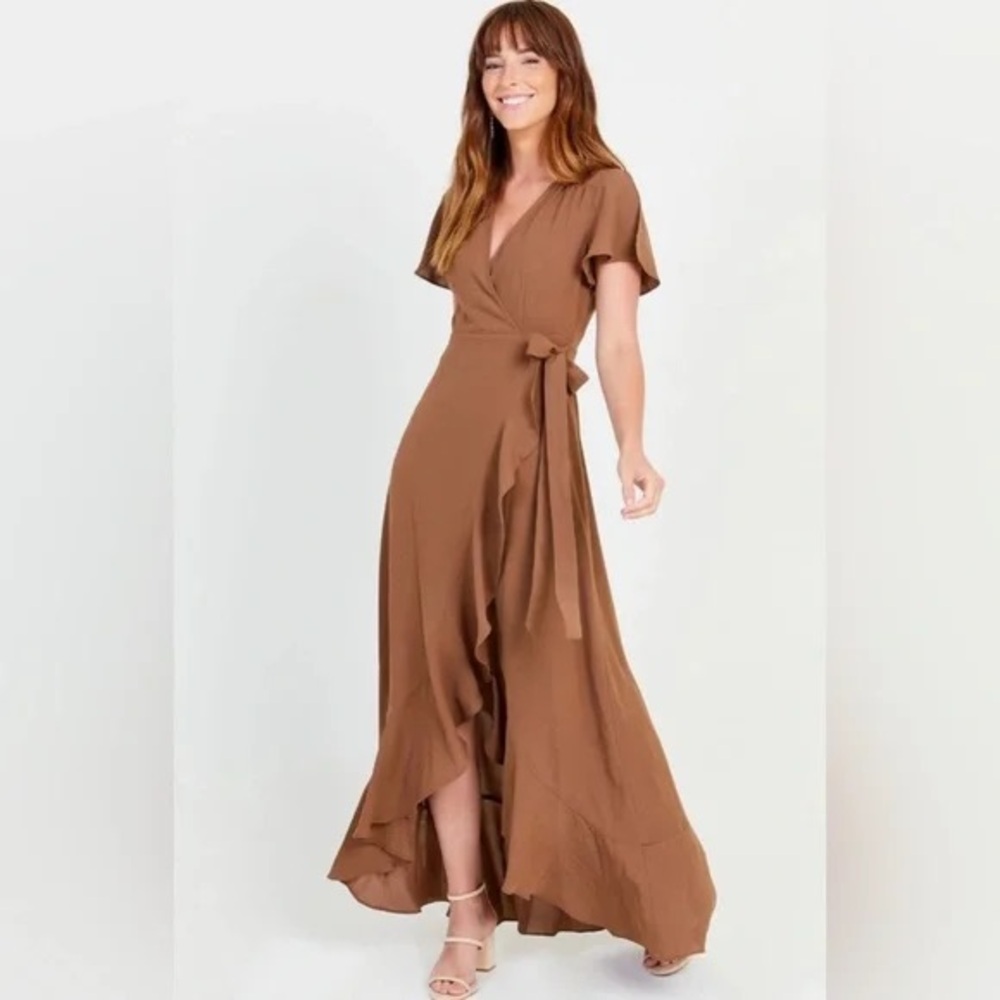 Altar’d State Brown Ruffle Wrap Maxi Dress | Size XS | Wedding Guest Look